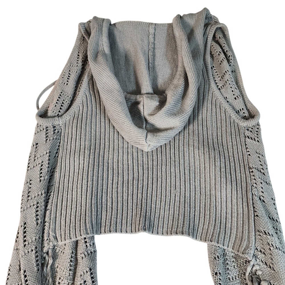 DECREE‎ Gray Crochet Knit Hooded Fringe Vest Cardigan Women's M M - Picture 9 of 10